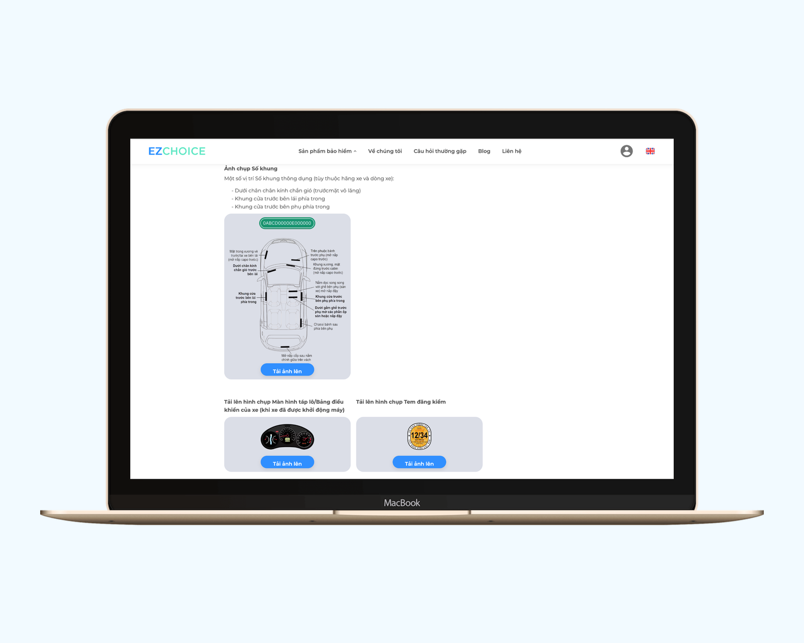 EZChoice form in Vietnamese asking the user to upload photos of the car's chassis number, dashboard and inspection sticker