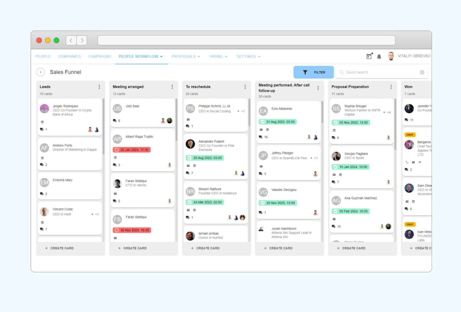 Persona Sales Funnel board with columns from Leads to Won, each holding contact cards with dates and managers