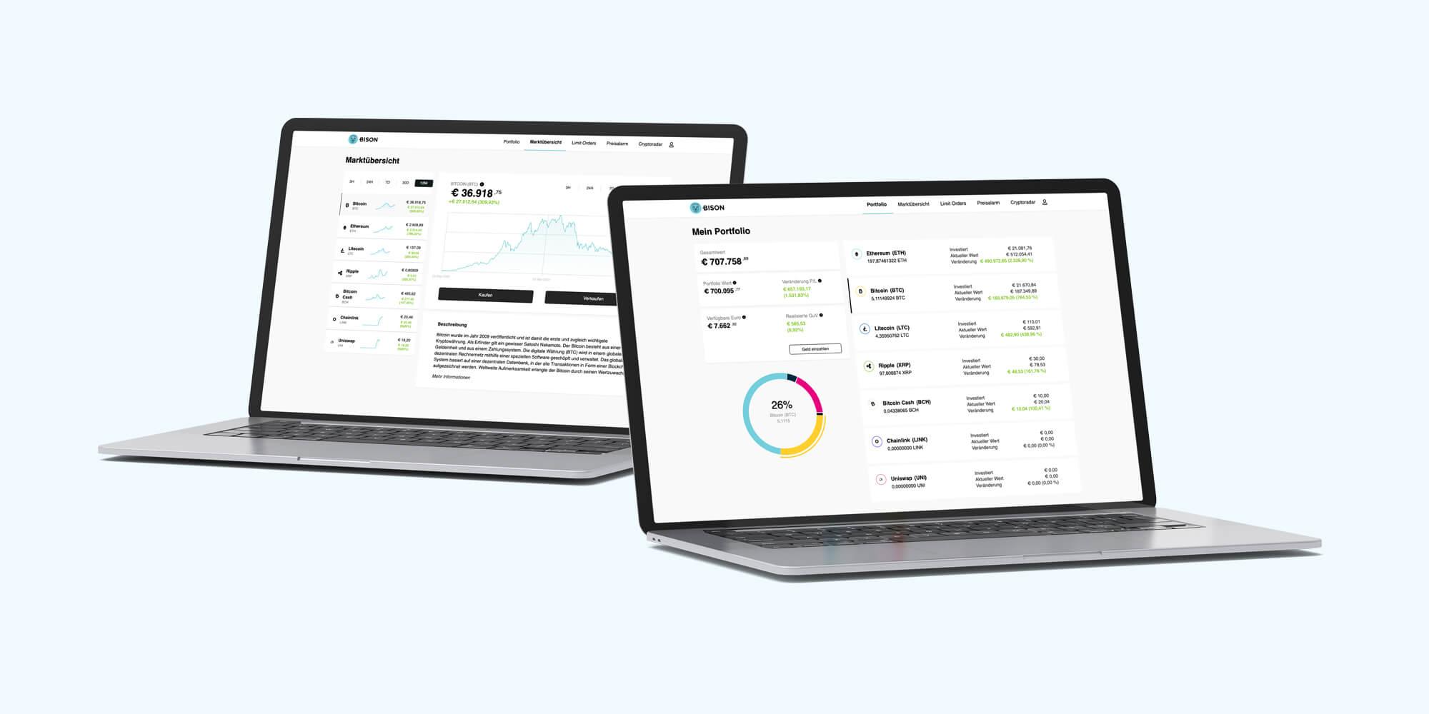 Two laptops showing the Bison app in German: a market overview with a price chart and a portfolio with a donut chart