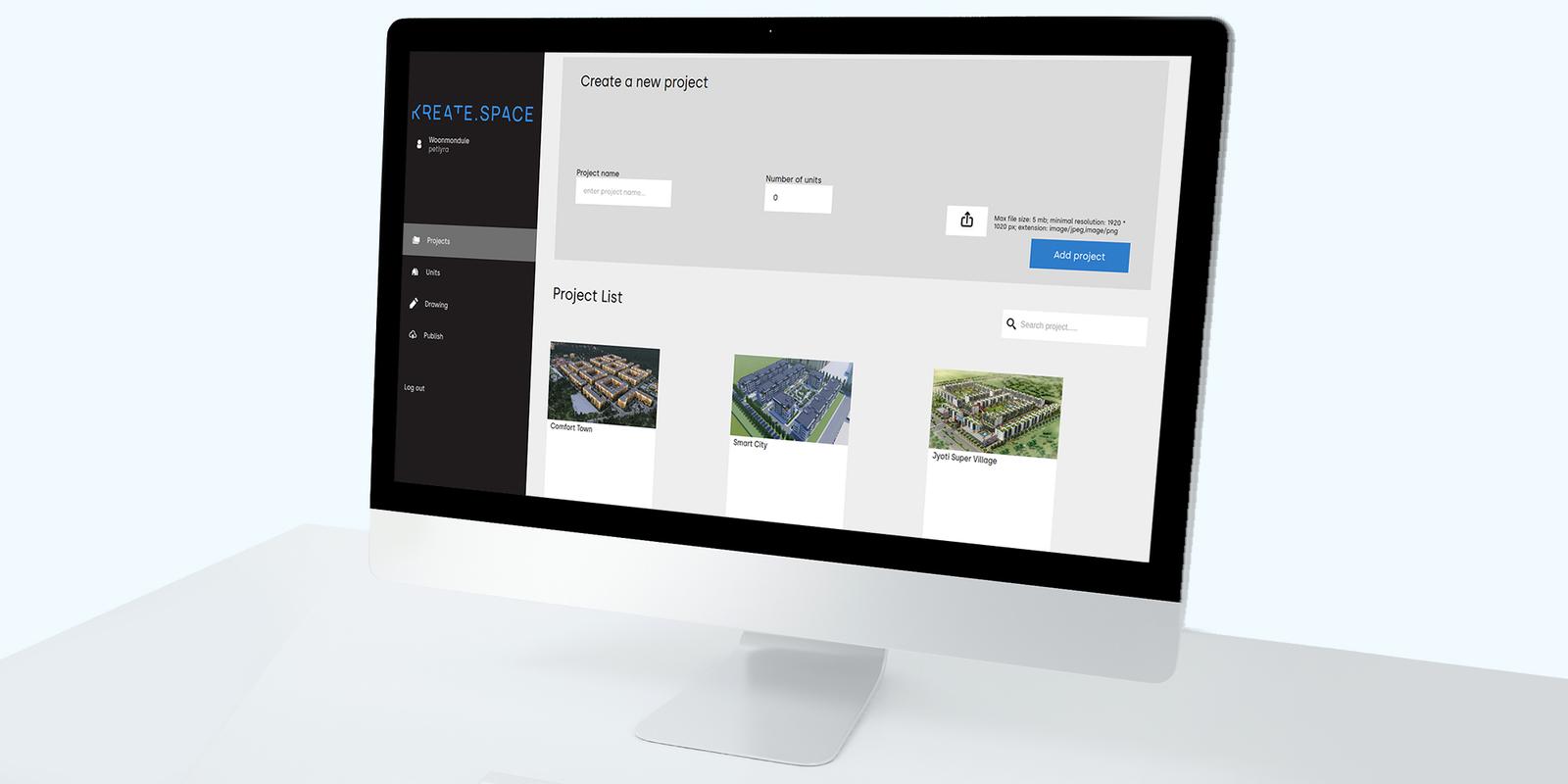 WoonModule project list page with a form to create a new project and cards for existing residential projects