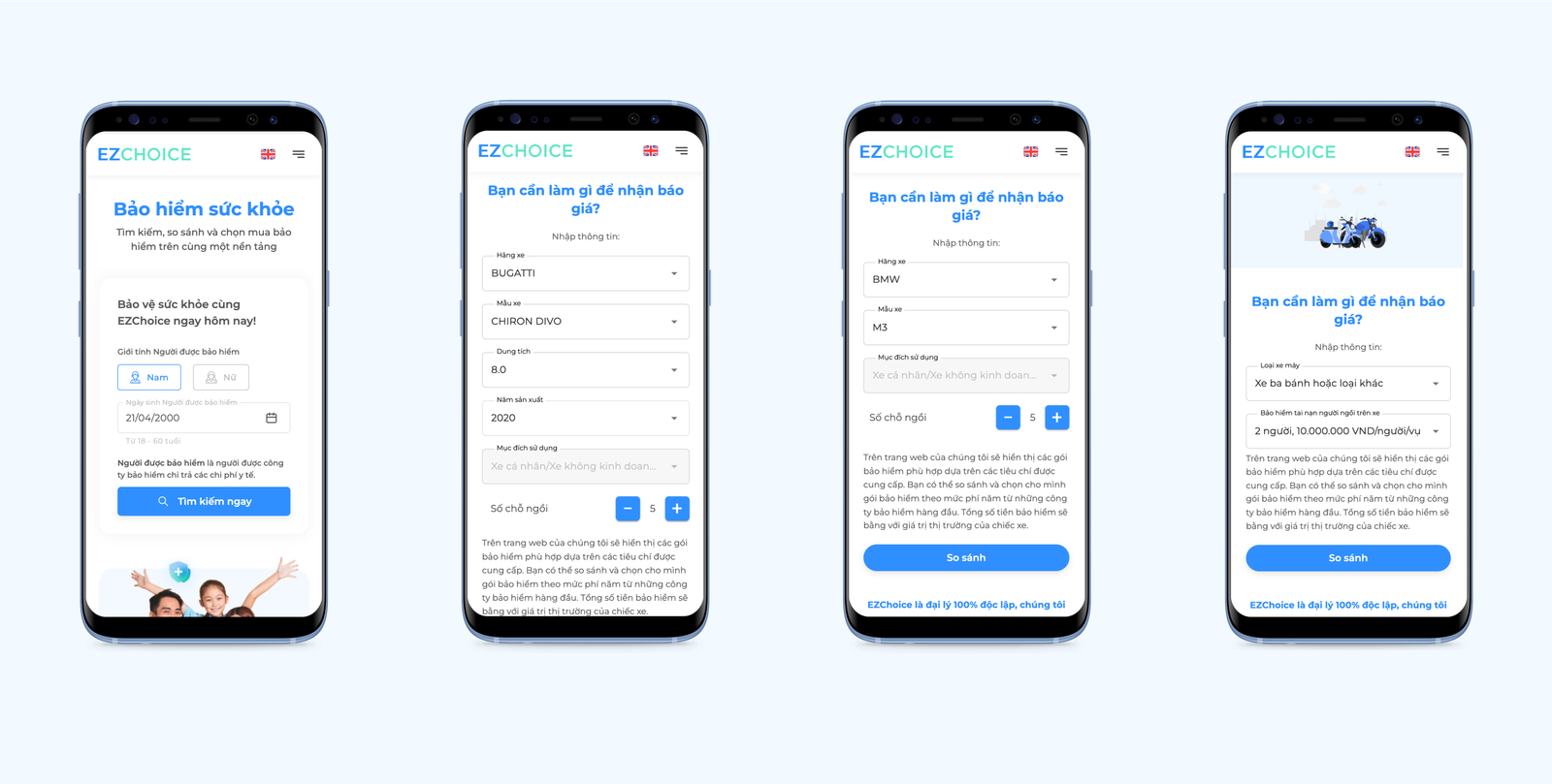 EZChoice on four phones in Vietnamese: a health insurance search form and quote forms for cars and a motorbike