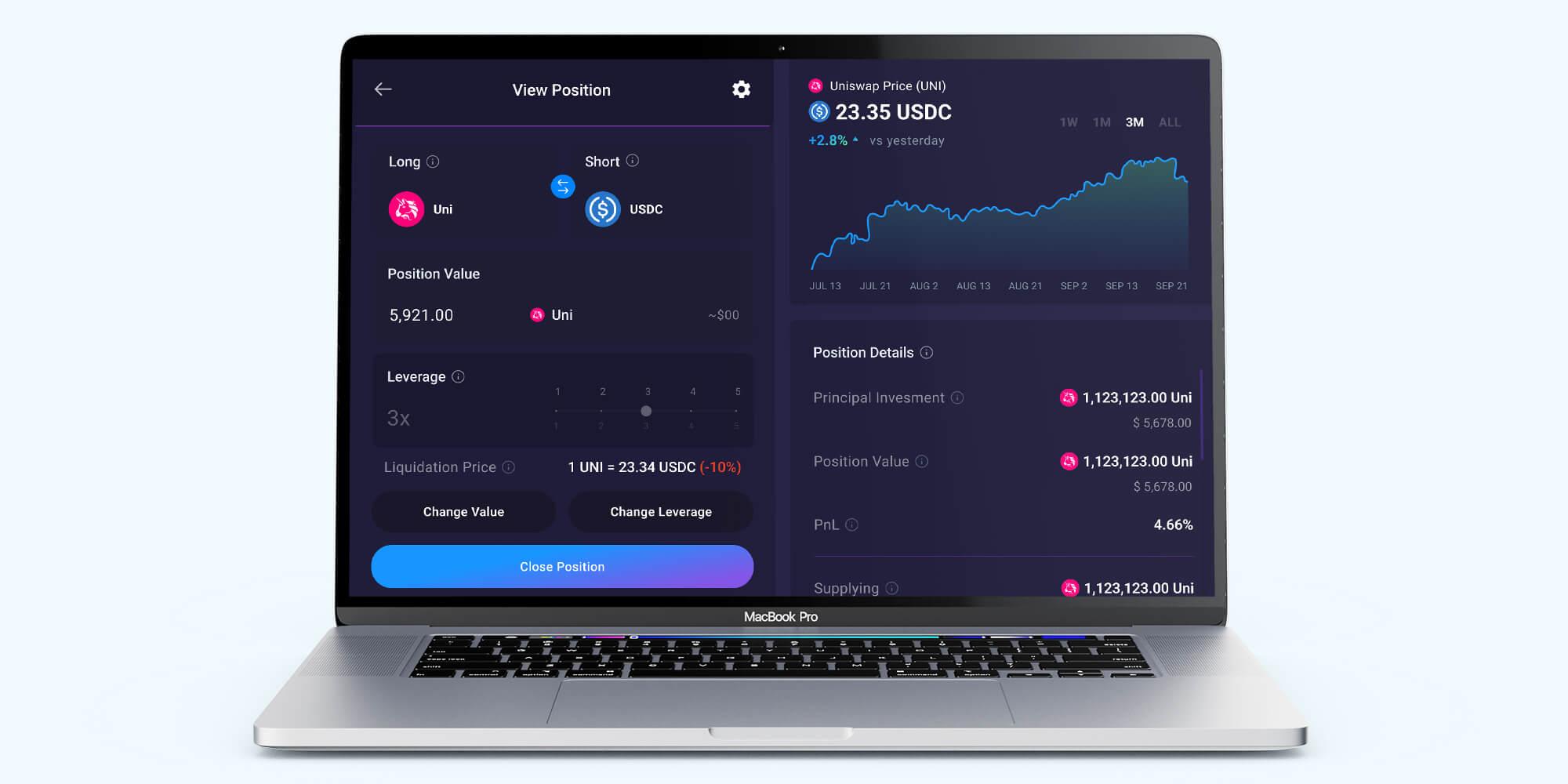 FODL position screen on a laptop: a long UNI, short USDC position with a leverage control, a price chart and position details