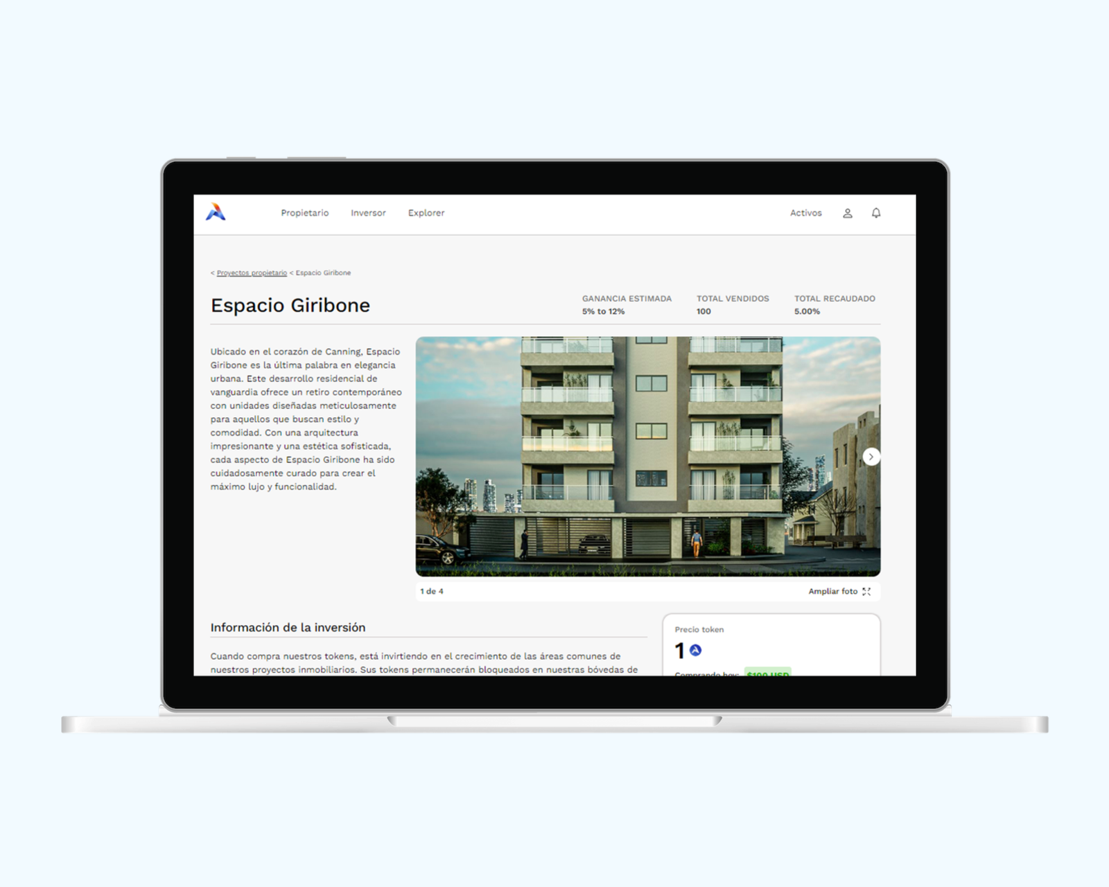 MiActivo project page with a building photo, a description, an estimated profit range and a token price panel