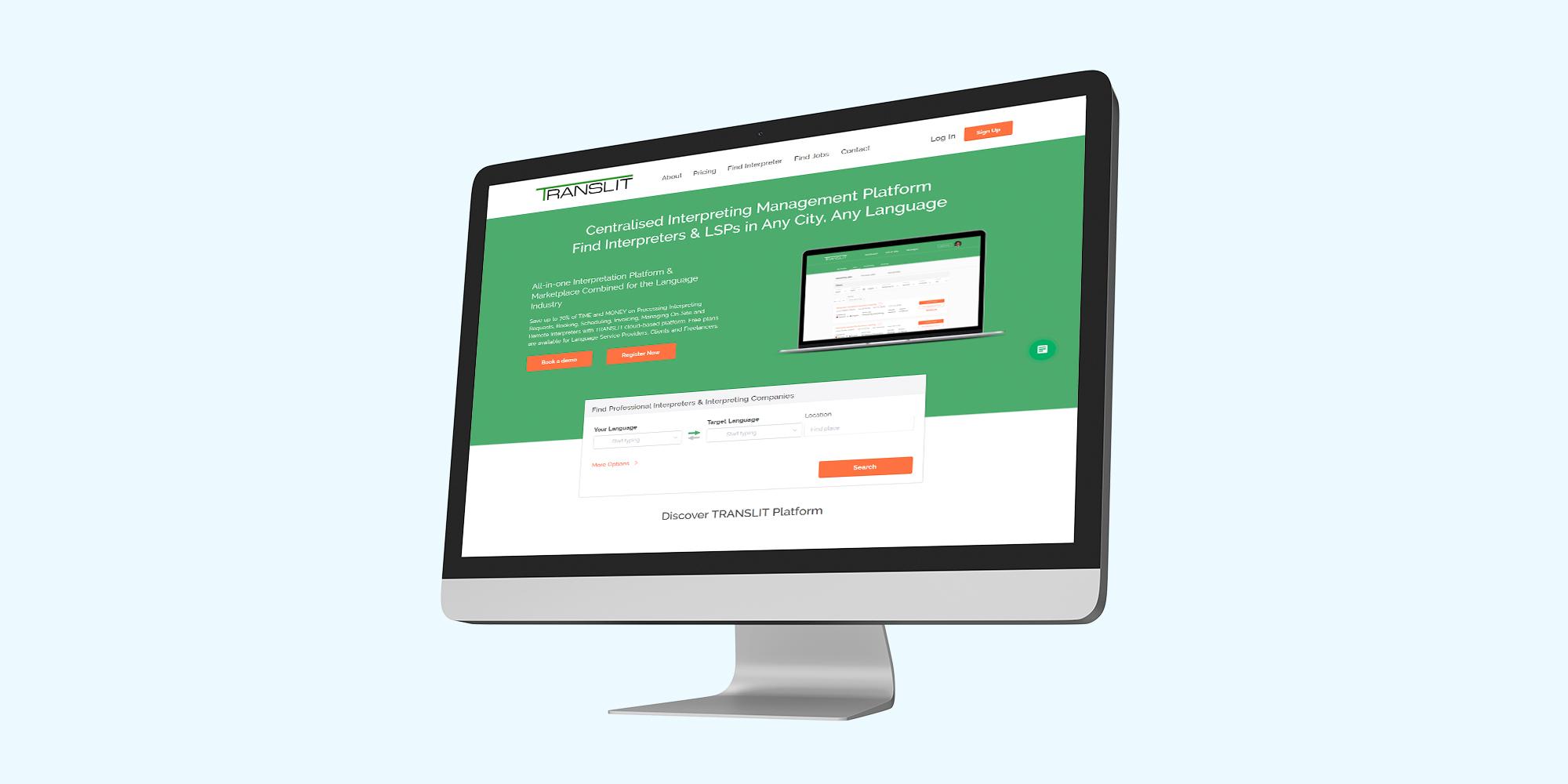 Translit homepage with a headline about finding interpreters in any city and language, and a search form