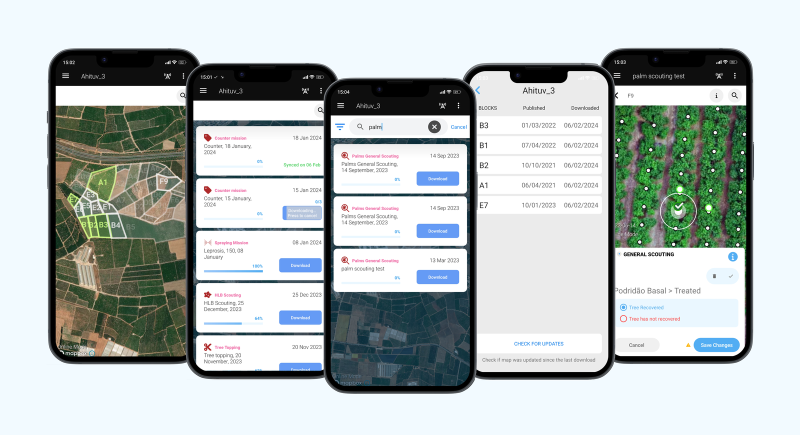 SeeTree field app on five phones: an orchard map, mission lists, a list of block updates and a tree scouting screen