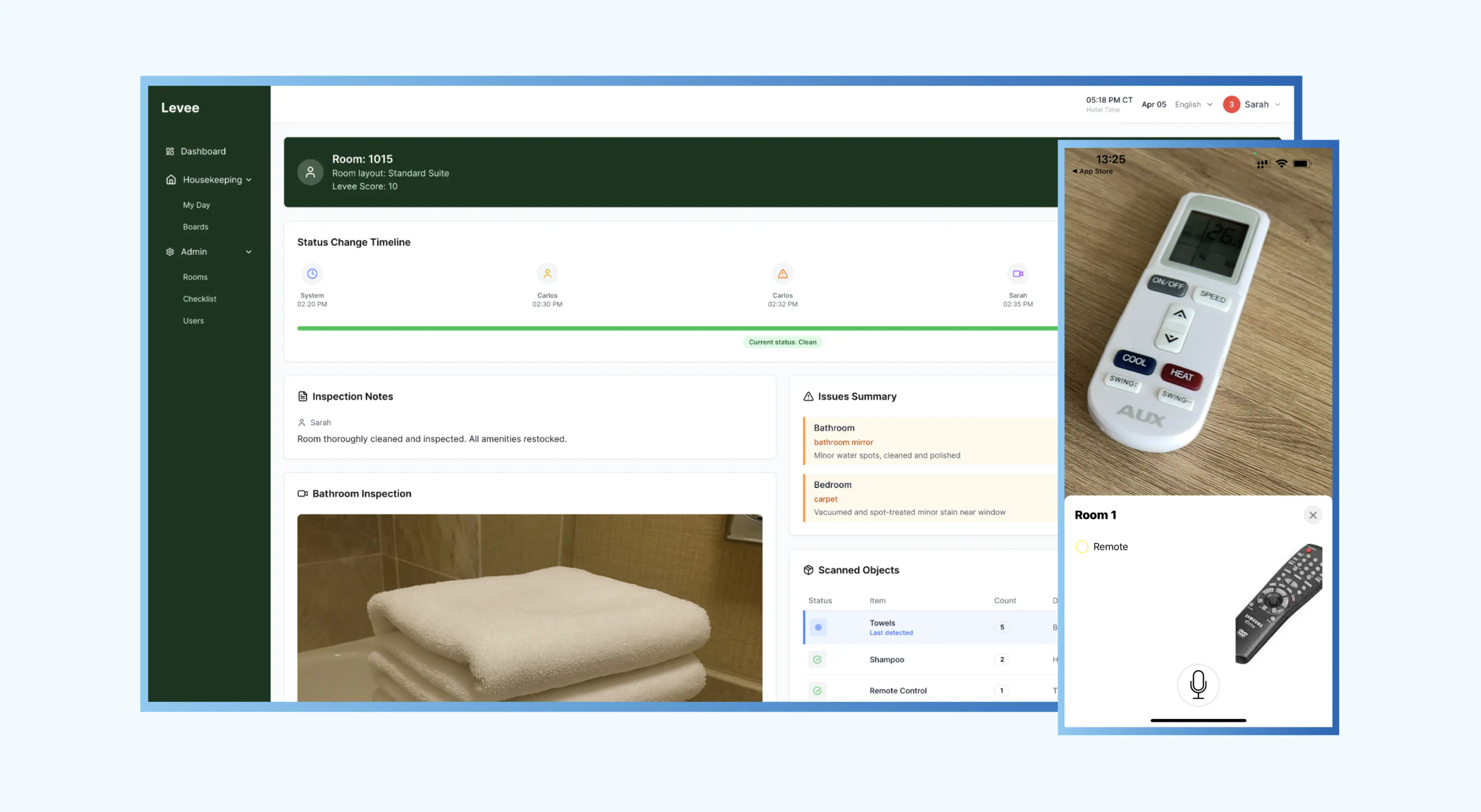 Levee hotel room inspection page with a status timeline, notes, issues and scanned objects, plus a phone camera view