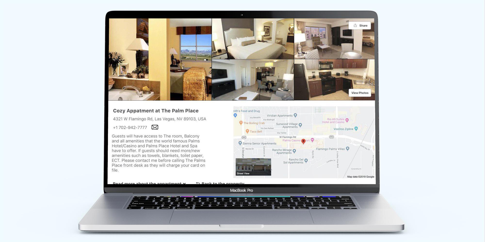 REM Platform property listing page with a photo grid of apartment interiors, a description and a map