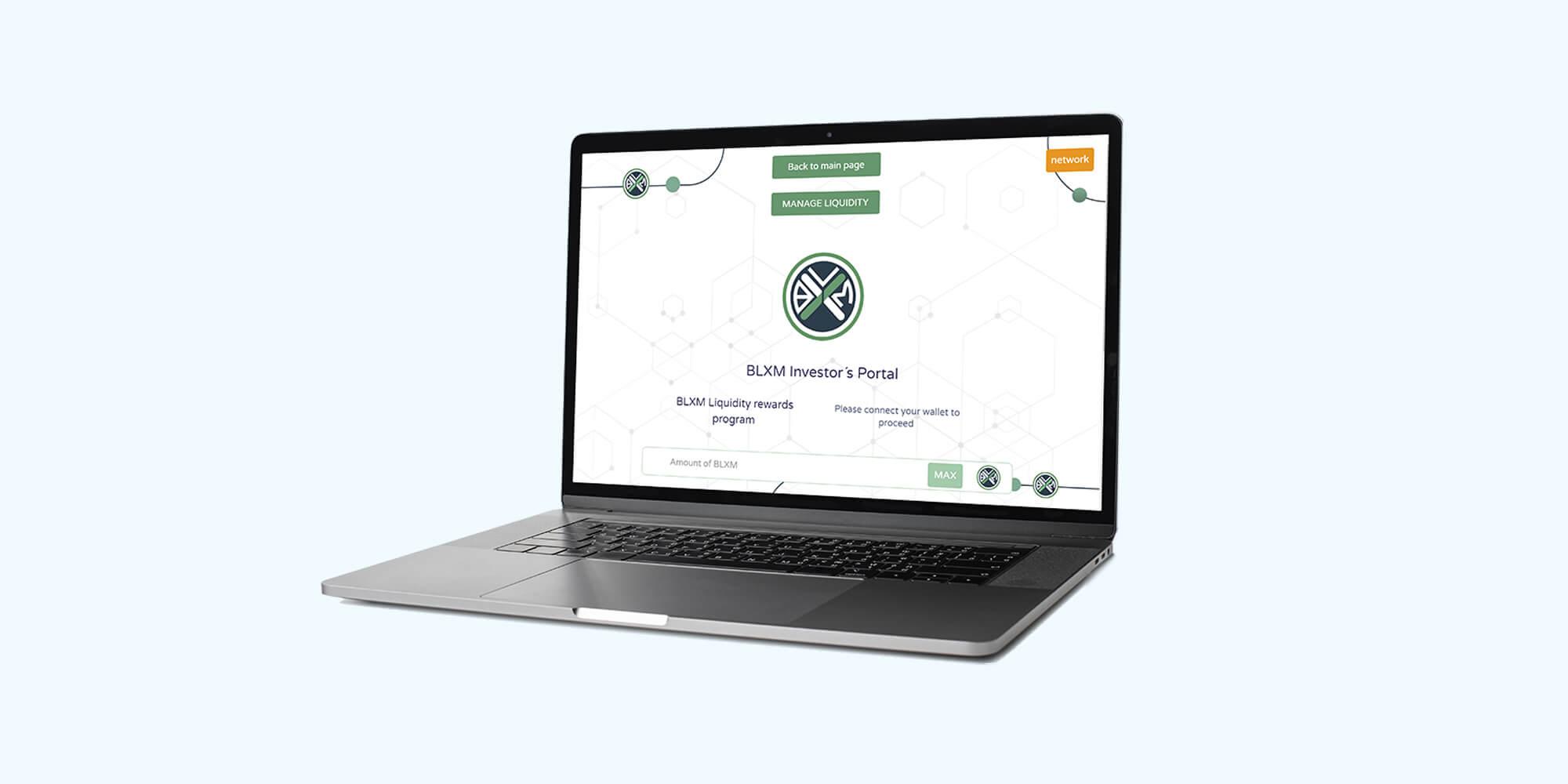 Portal de inversores de BloXmove en un portátil, con una página de recompensas de liquidez que pide conectar la cartera