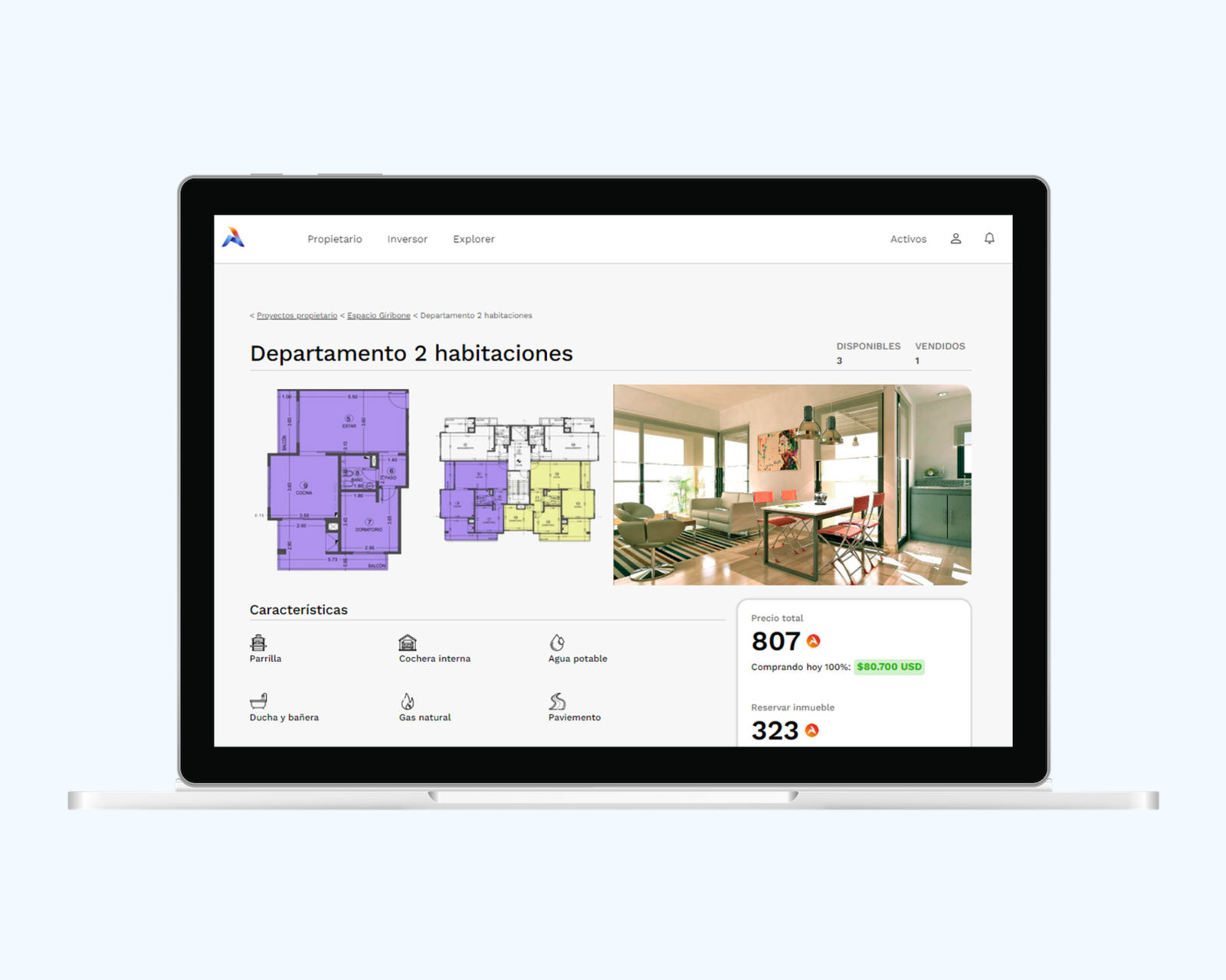 MiActivo page for a two-bedroom apartment with colour-coded floor plans, an interior photo, features and a price panel