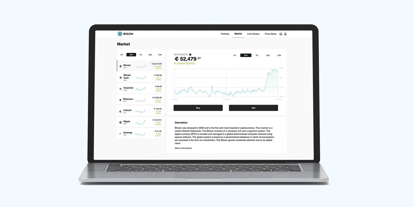 Bison web app Market page with a list of cryptocurrencies, a Bitcoin price chart and Buy and Sell buttons