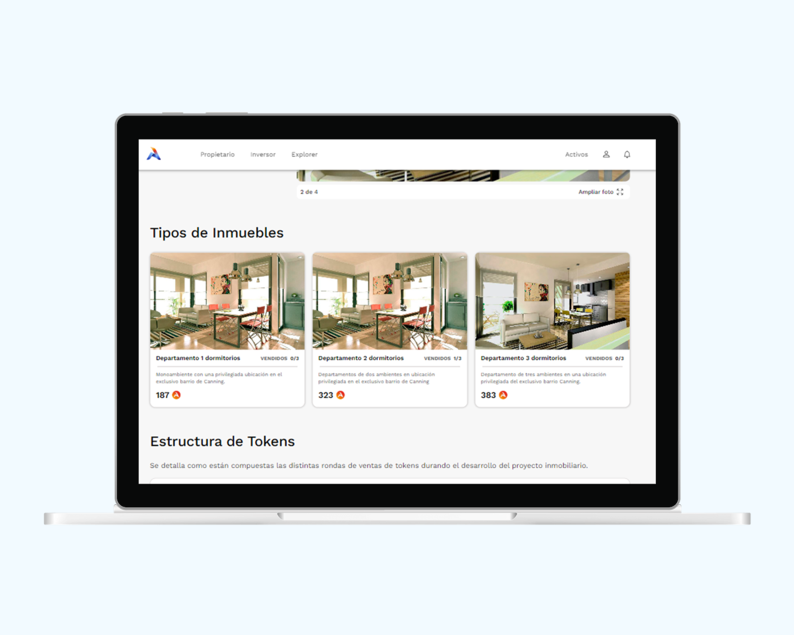 MiActivo property types section with cards for one, two and three bedroom apartments, each with a photo and a token price