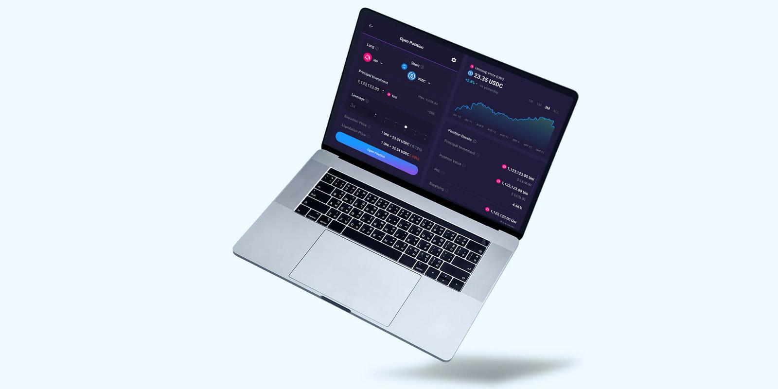 FODL Open Position screen on a tilted laptop with a leverage control and a Uniswap price chart