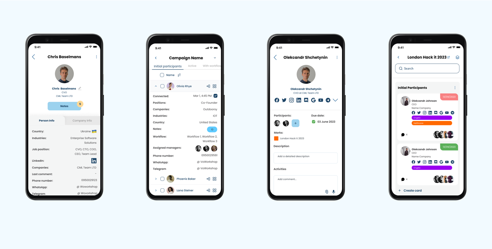 Persona mobile app on four phones: a contact profile, a campaign list, a card with a due date and a board