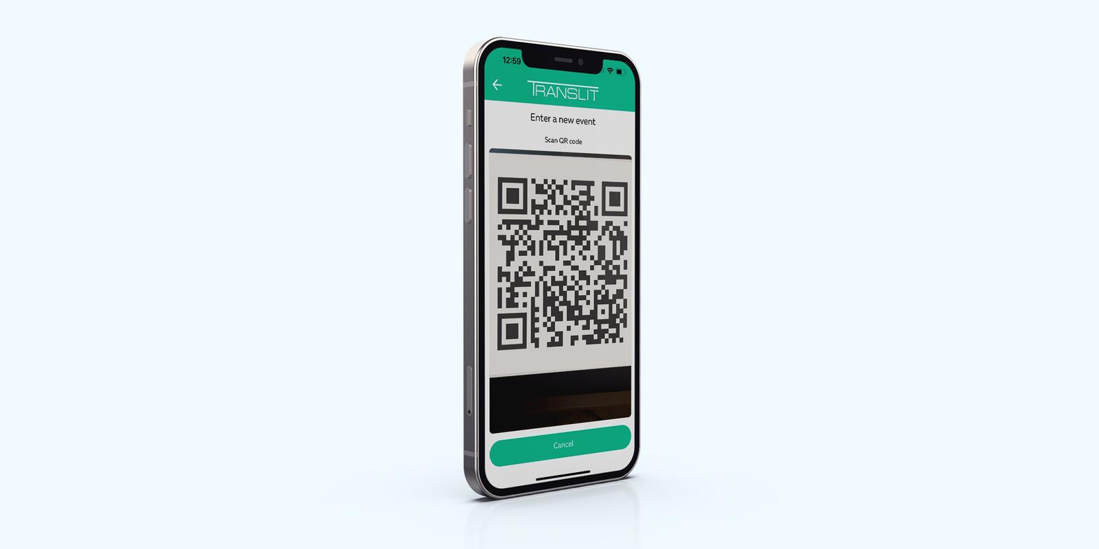 Translit mobile app screen for joining an event, with a camera view for scanning a QR code and a Cancel button