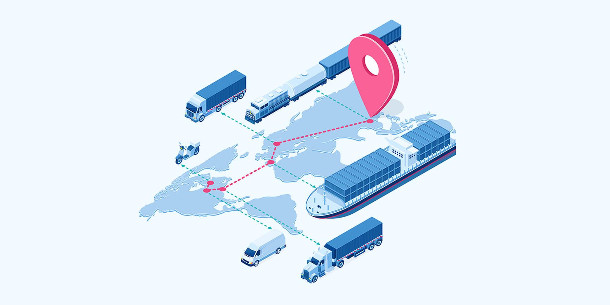 Illustration of a world map with a cargo ship, train, trucks, a van and a scooter linked by route lines to a location pin