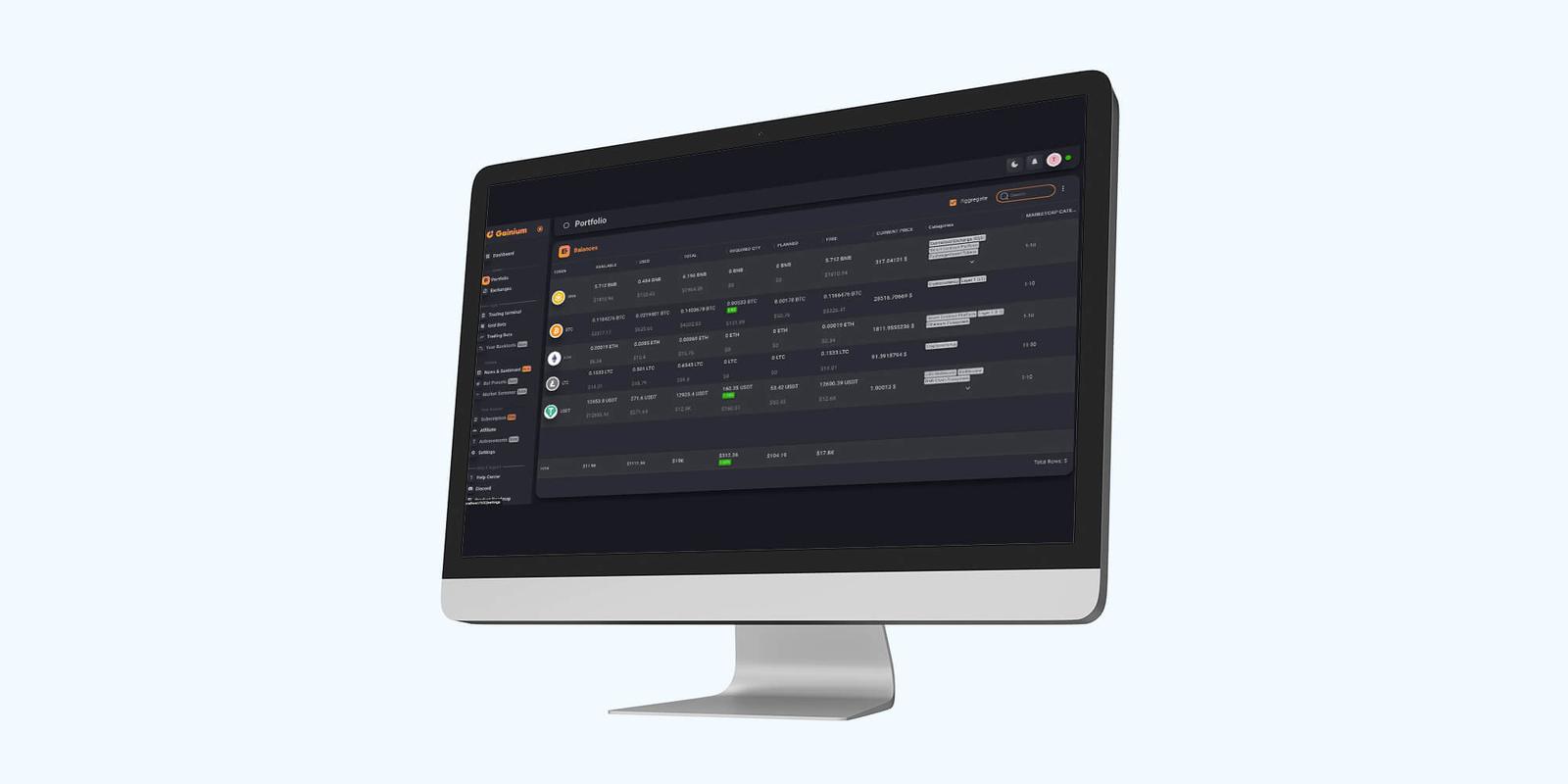 Gainium portfolio page in dark theme with a table of cryptocurrency balances per asset
