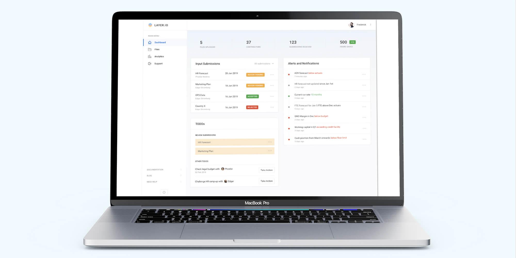 Layer web app dashboard with summary counters, input submissions, to-dos and alerts about forecasts