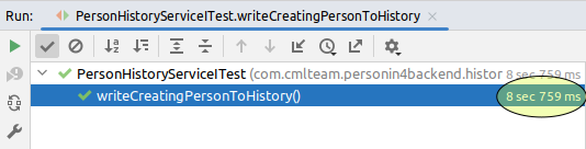 IntelliJ test runner: writeCreatingPersonToHistory() passed in 8 sec 759 ms, the time circled