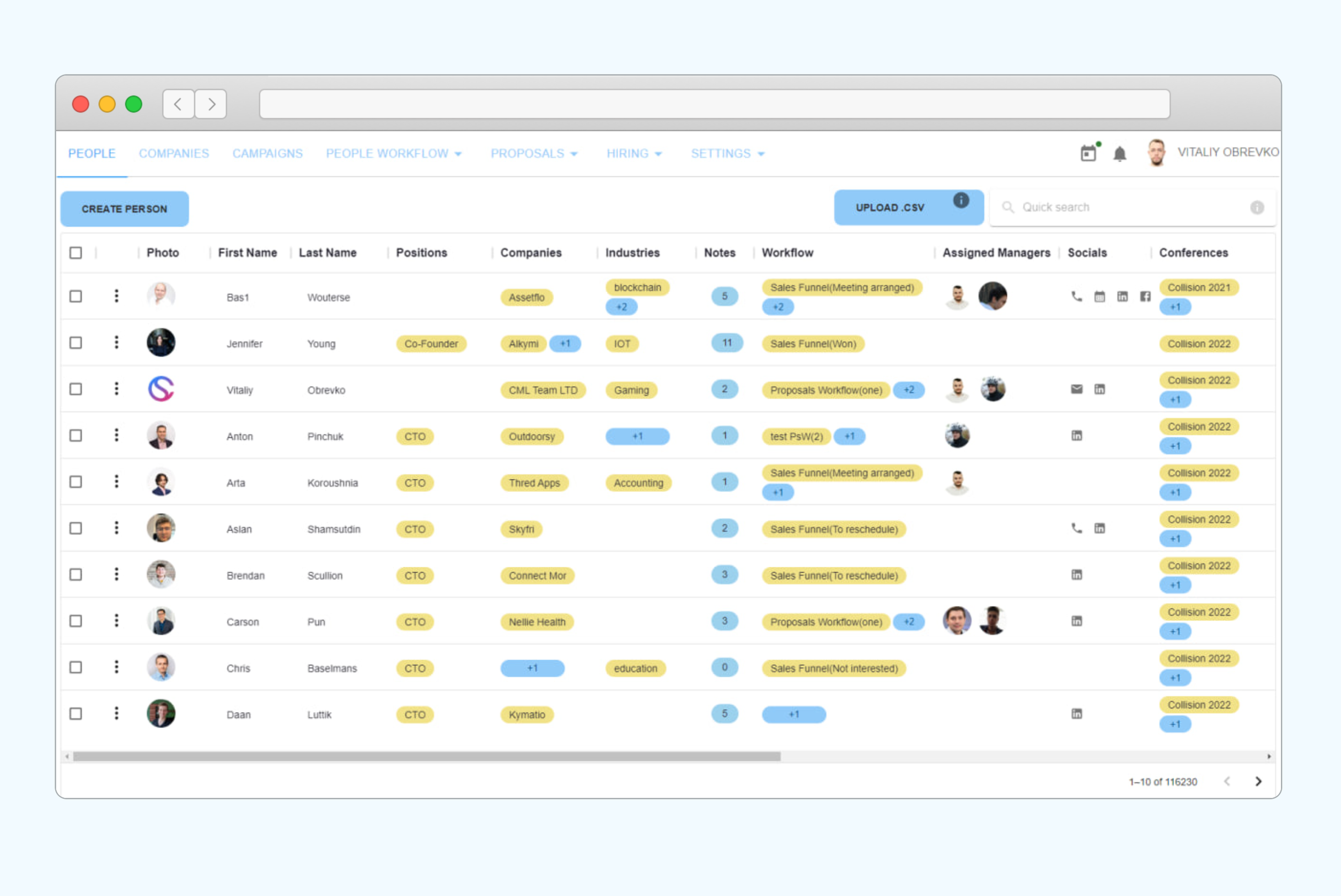 Persona People table in a browser, listing contacts with positions, companies, industries, workflow stage and managers