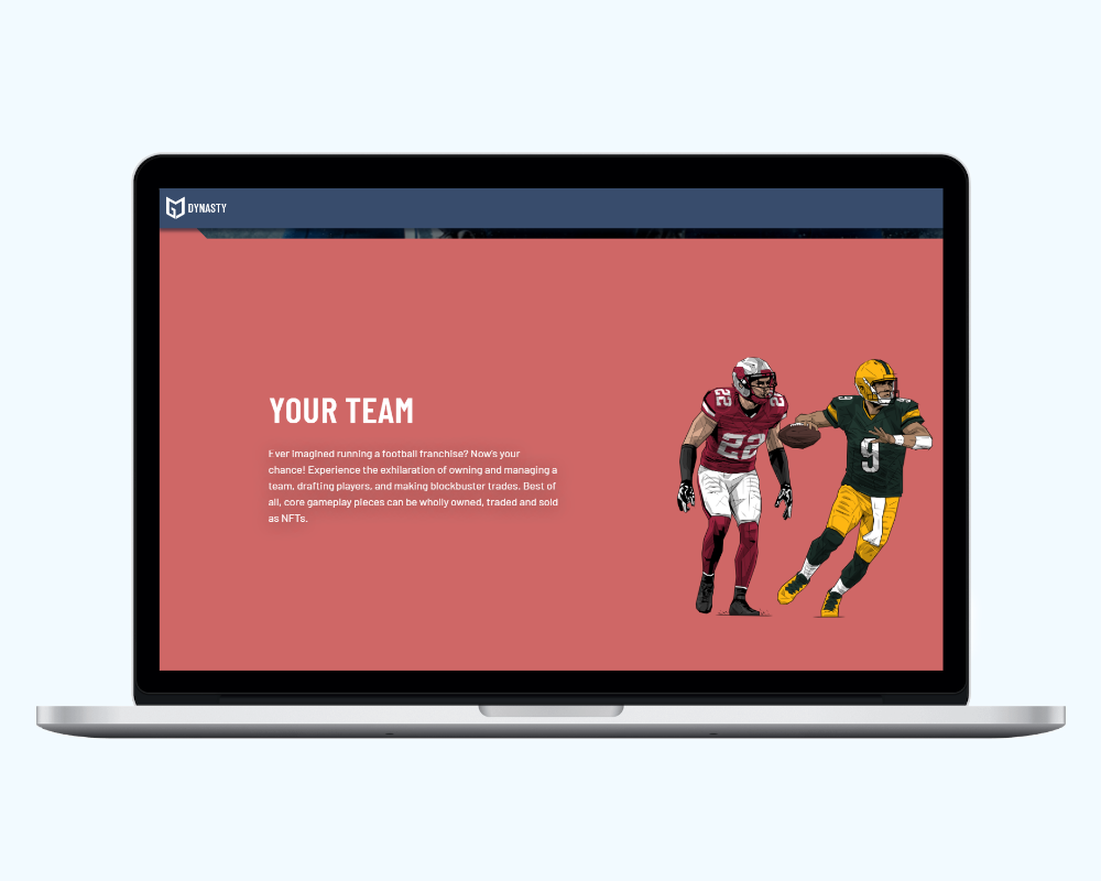 Página de GM Dynasty titulada Your Team con dos jugadores de fútbol americano ilustrados sobre un fondo rojo