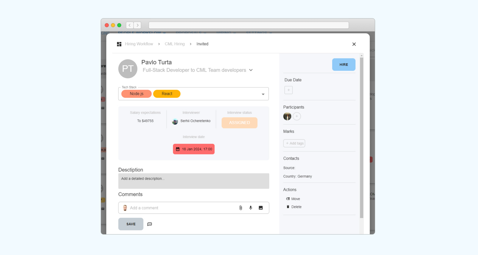 Persona candidate card with tech stack, salary expectation, interviewer, interview date and a Hire button