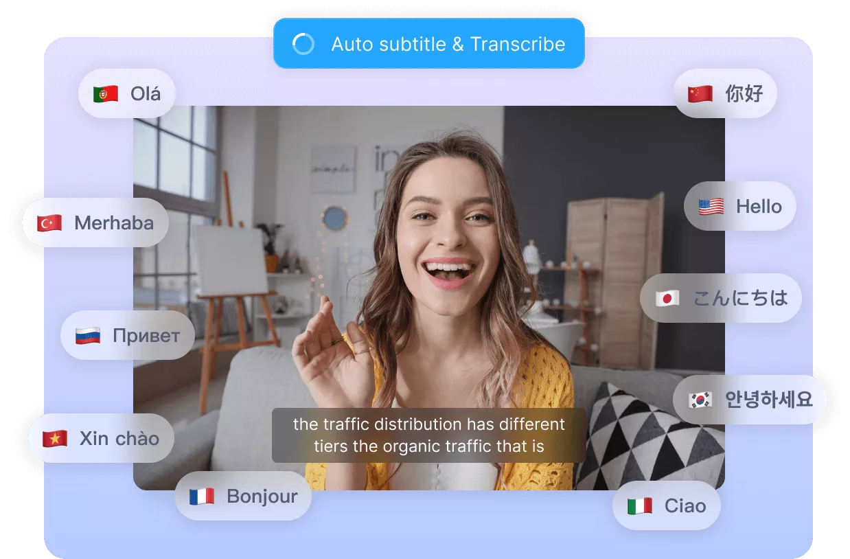 Mujer hablando en un vídeo con subtítulos automáticos, rodeada de burbujas de saludo en distintos idiomas