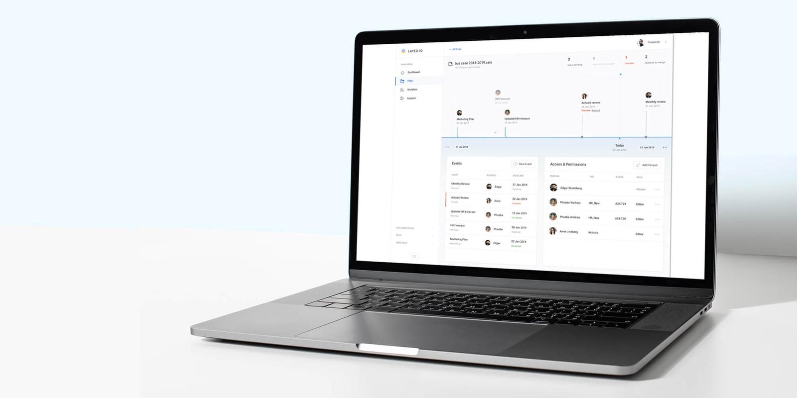Layer web app file page with a timeline of changes, a list of events and an access and permissions table