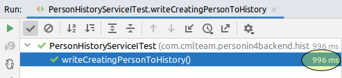 IntelliJ test runner: the rewritten writeCreatingPersonToHistory() passed in 996 ms, the time circled