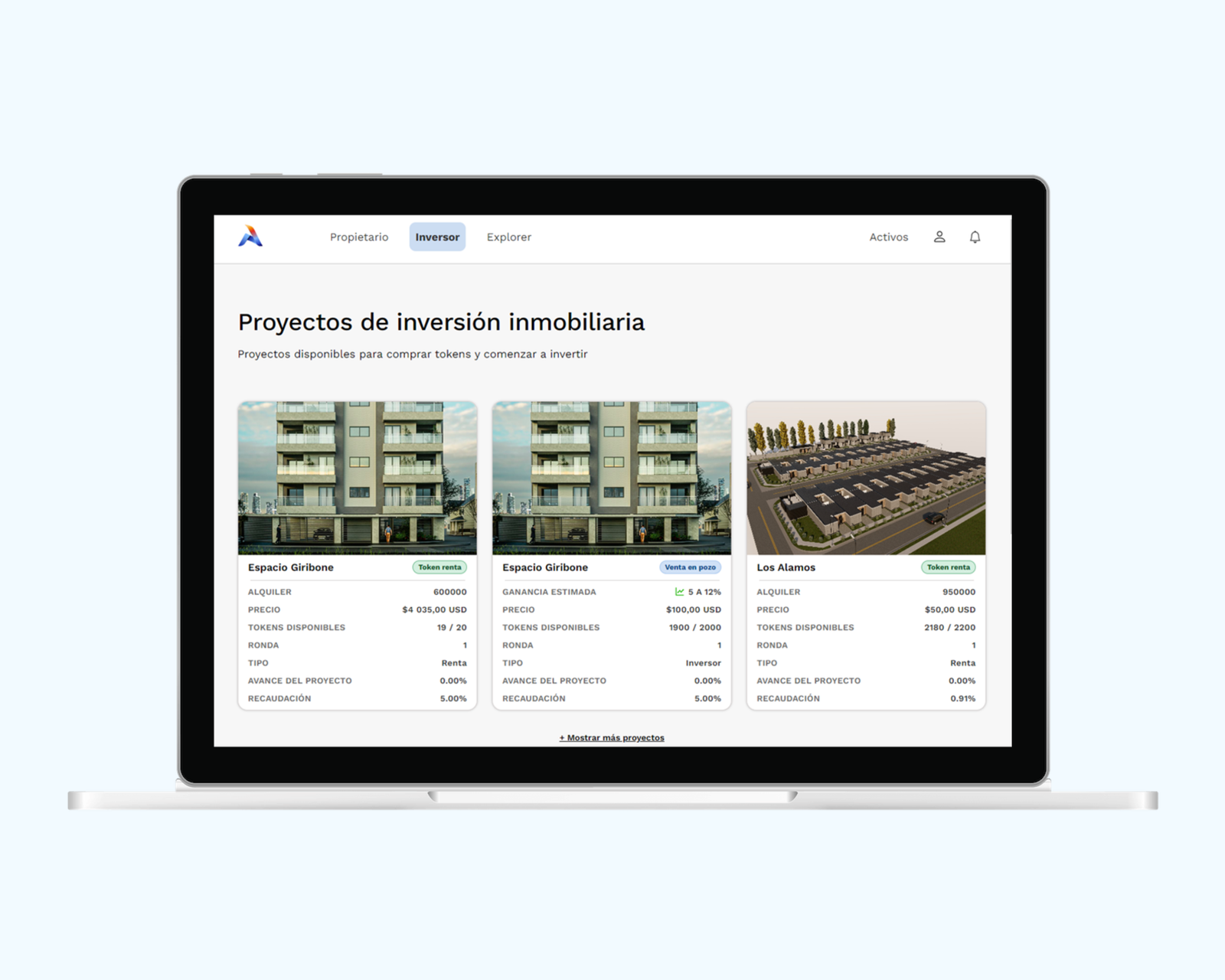 MiActivo investor page in Spanish listing real estate investment projects as cards with token prices and availability