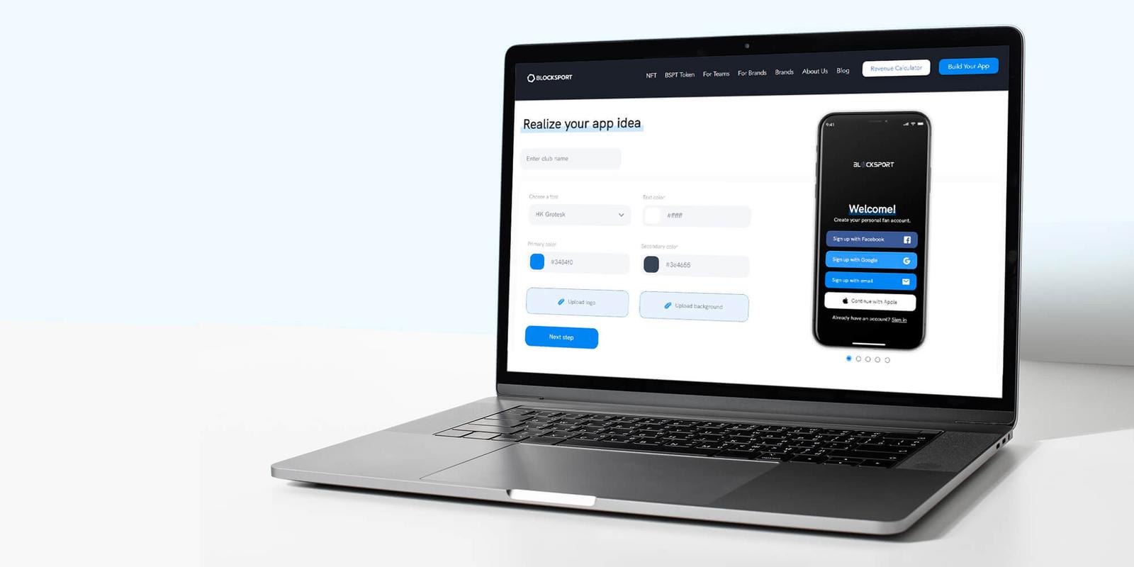 BlockSport page for setting up a club's fan app, with name, colour and logo fields beside a phone preview