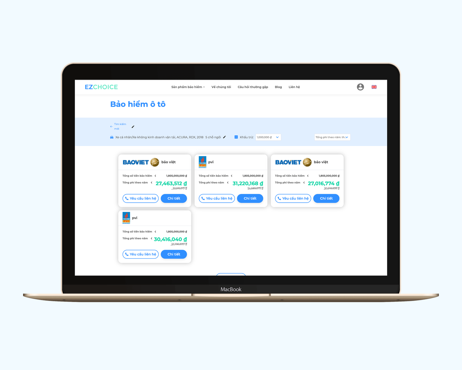 EZChoice car insurance results page in Vietnamese with four insurer offers, each with a yearly price and a Details button