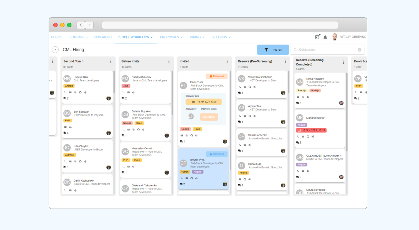 Persona hiring board with candidate cards in stages from Second Touch to Reserve, tagged by technology