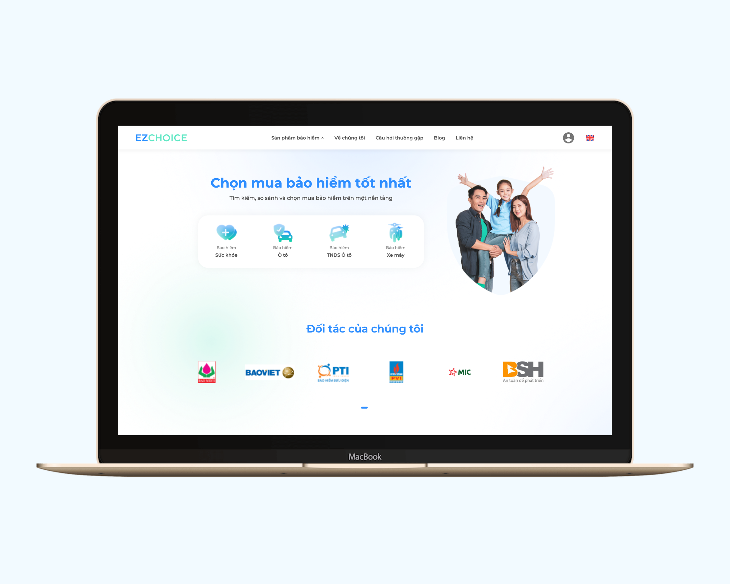 EZChoice homepage in Vietnamese with four insurance types (health, car, car liability, motorbike) and partner logos