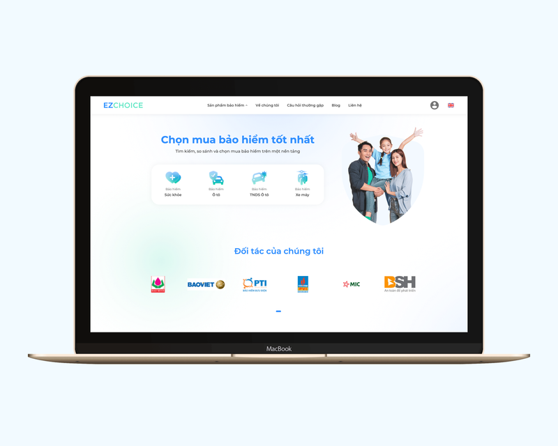 Página de inicio de EZChoice en vietnamita con cuatro tipos de seguro (salud, coche, responsabilidad civil, moto) y logotipos de socios