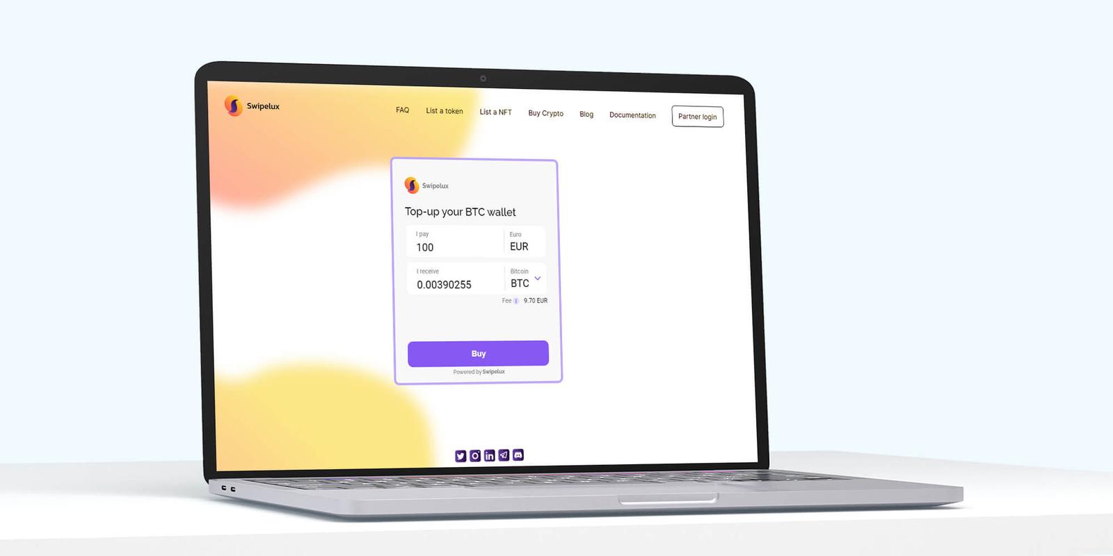 Swipelux widget on a laptop screen for topping up a BTC wallet with euros, with a Buy button