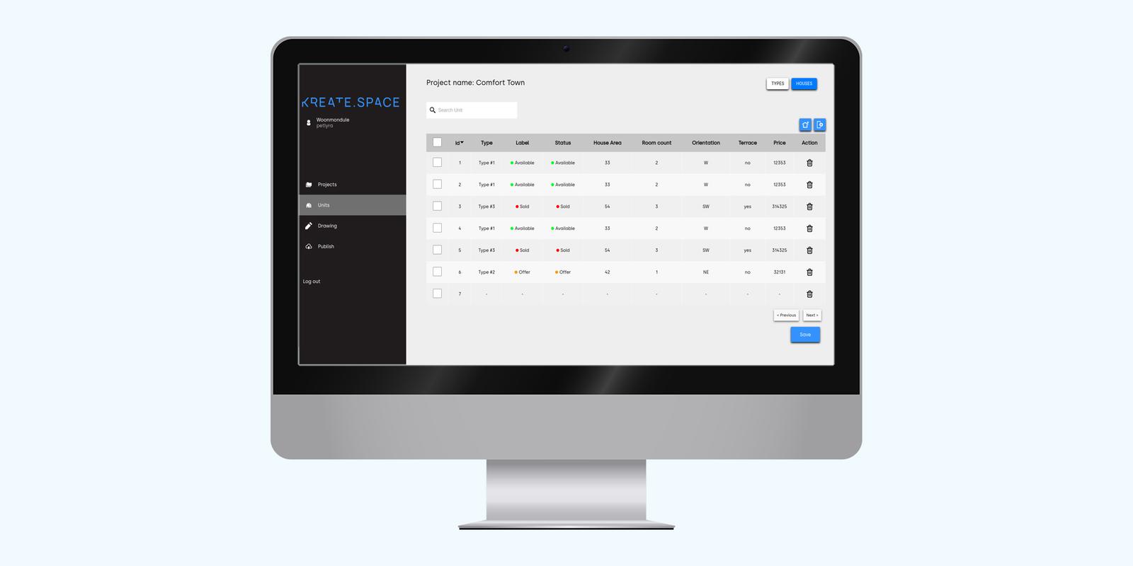 WoonModule units table for a residential project with type, status, area, rooms, orientation, terrace and price columns