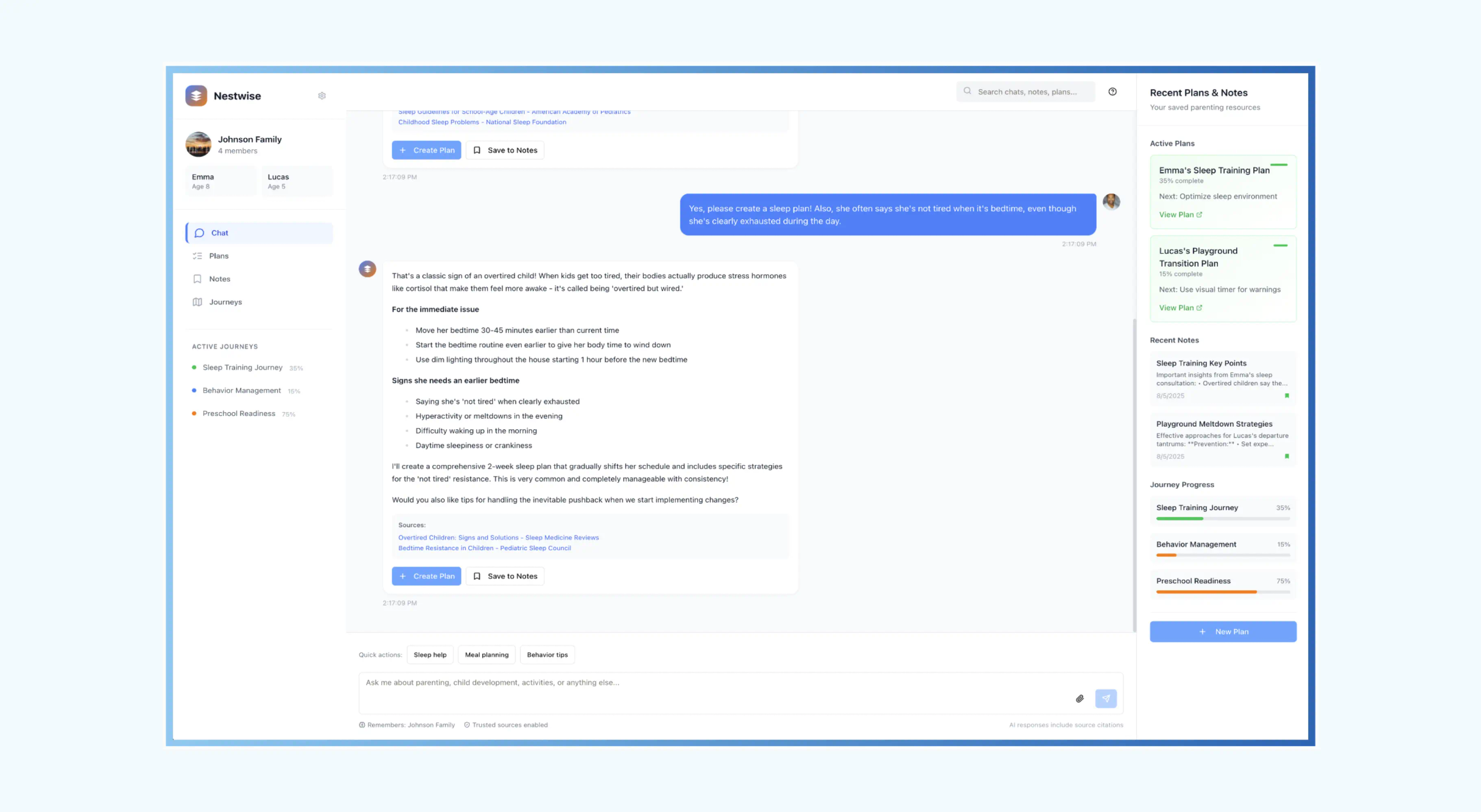Nestwise chat screen with an AI answer about a child's sleep plan, a family menu and a side panel of active plans and notes