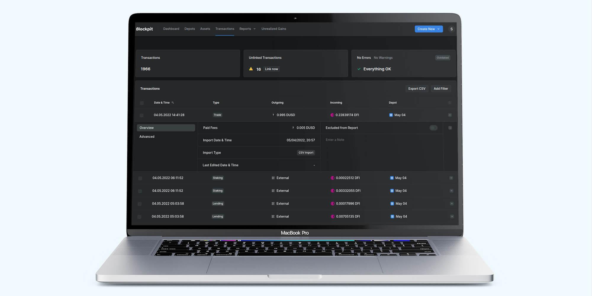 Blockpit transactions page on a laptop: a table of crypto trades, staking and lending with one row expanded