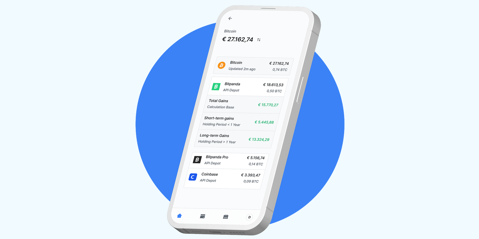 Blockpit mobile app screen showing Bitcoin holdings per exchange with total, short-term and long-term gains