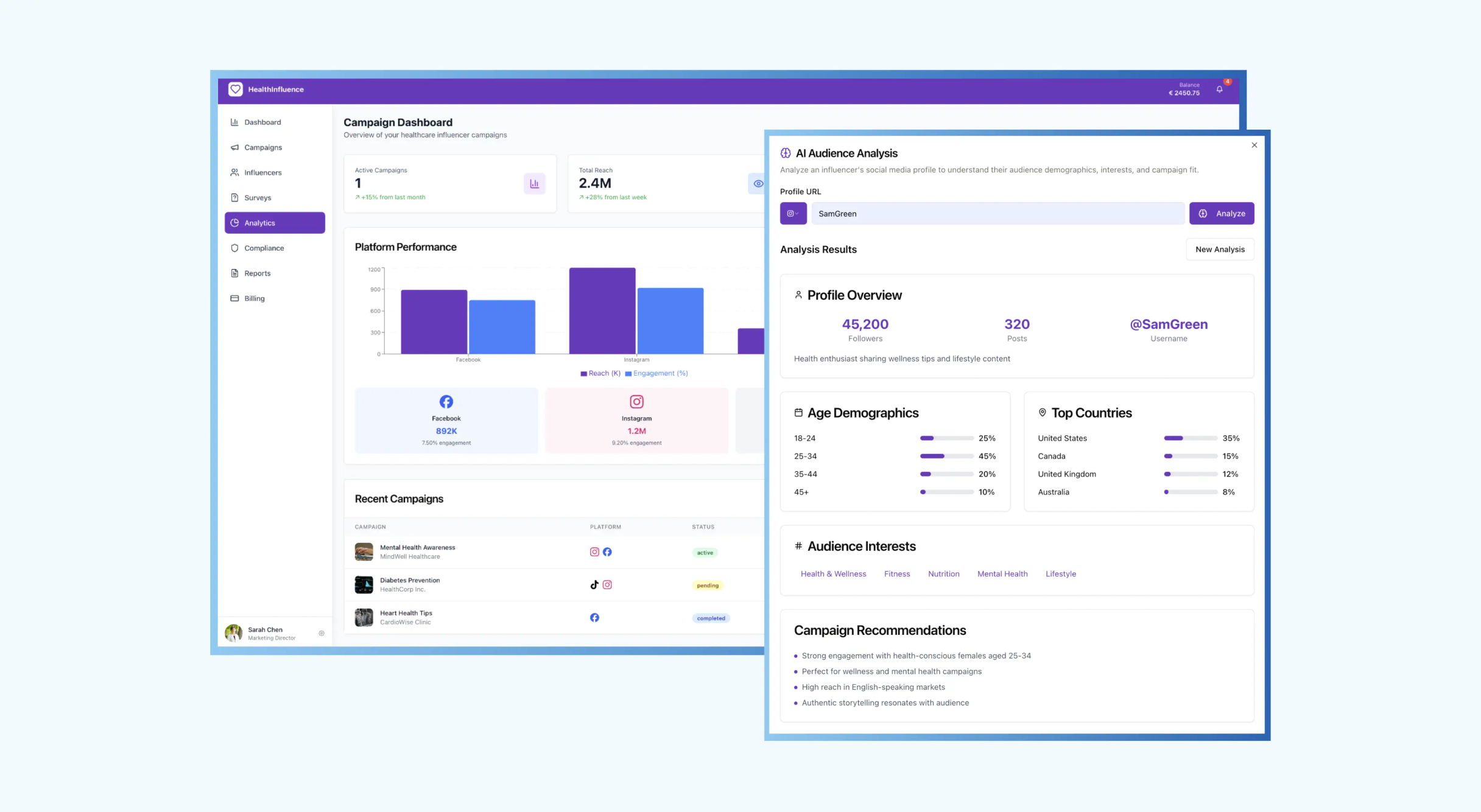 Health Influence campaign dashboard with a performance chart and an AI audience analysis window with age and country data