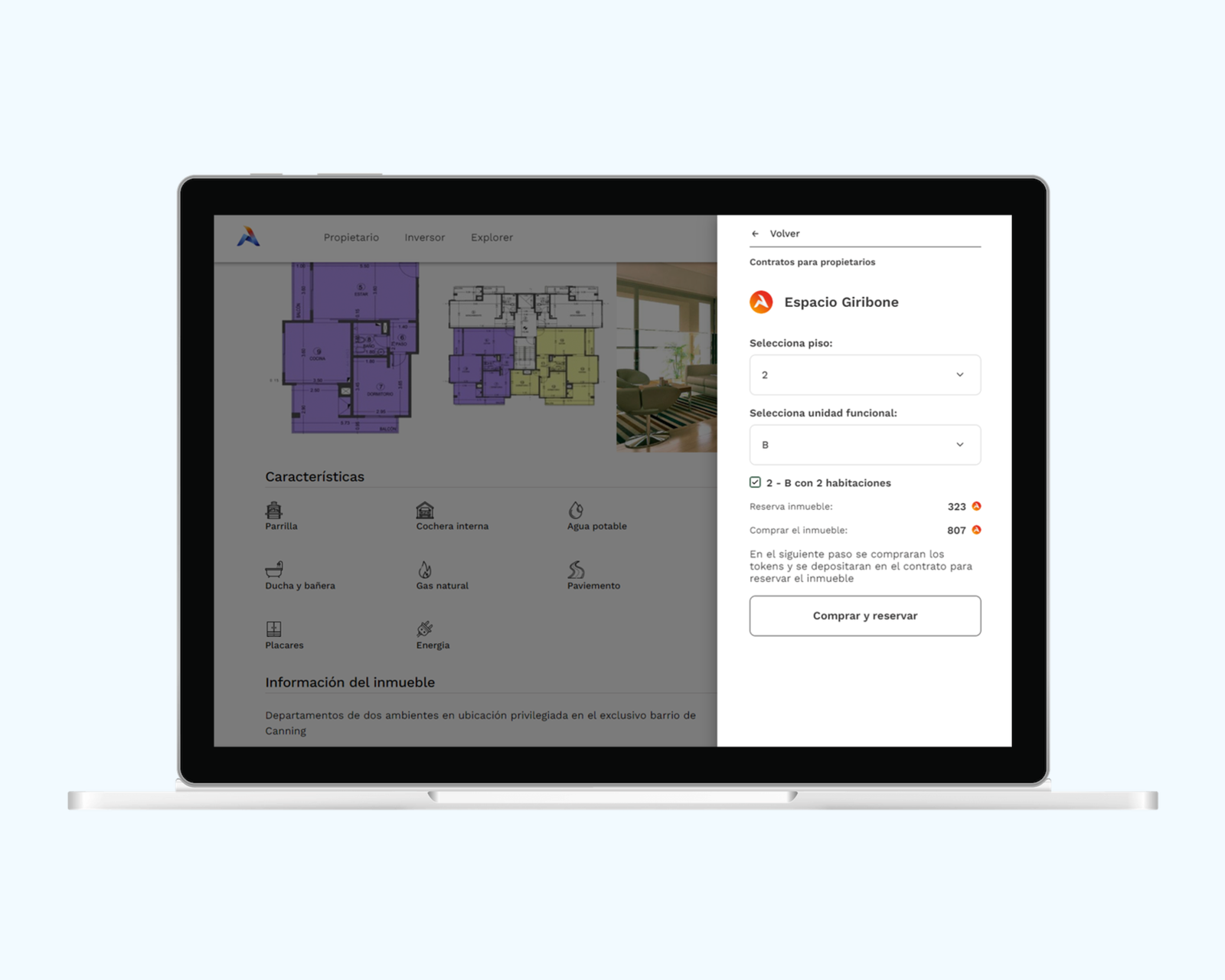 MiActivo side panel for reserving or buying a unit with floor and unit selectors, over a page with floor plans