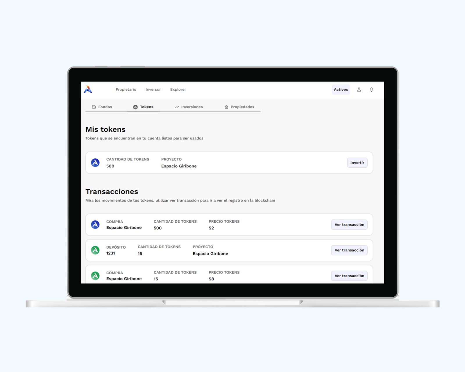 MiActivo assets page in Spanish showing an investor's token balance and a list of token transactions