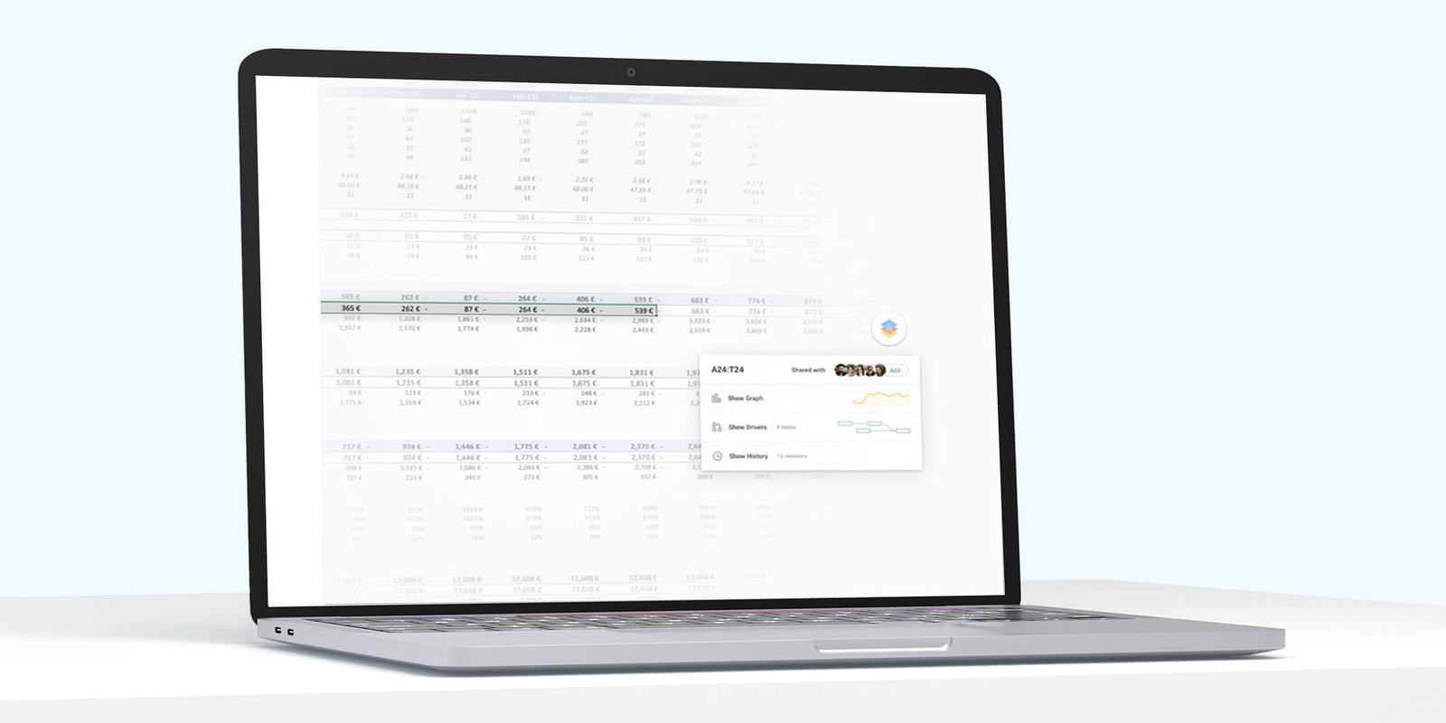 Spreadsheet with a highlighted row of figures and a Layer add-on pop-up offering Show Graph, Show Drivers and Show History