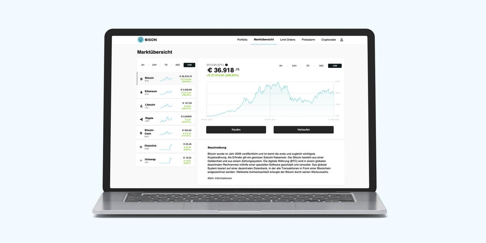 Bison Marktübersicht page in German with a cryptocurrency list, a Bitcoin price chart and Kaufen and Verkaufen buttons