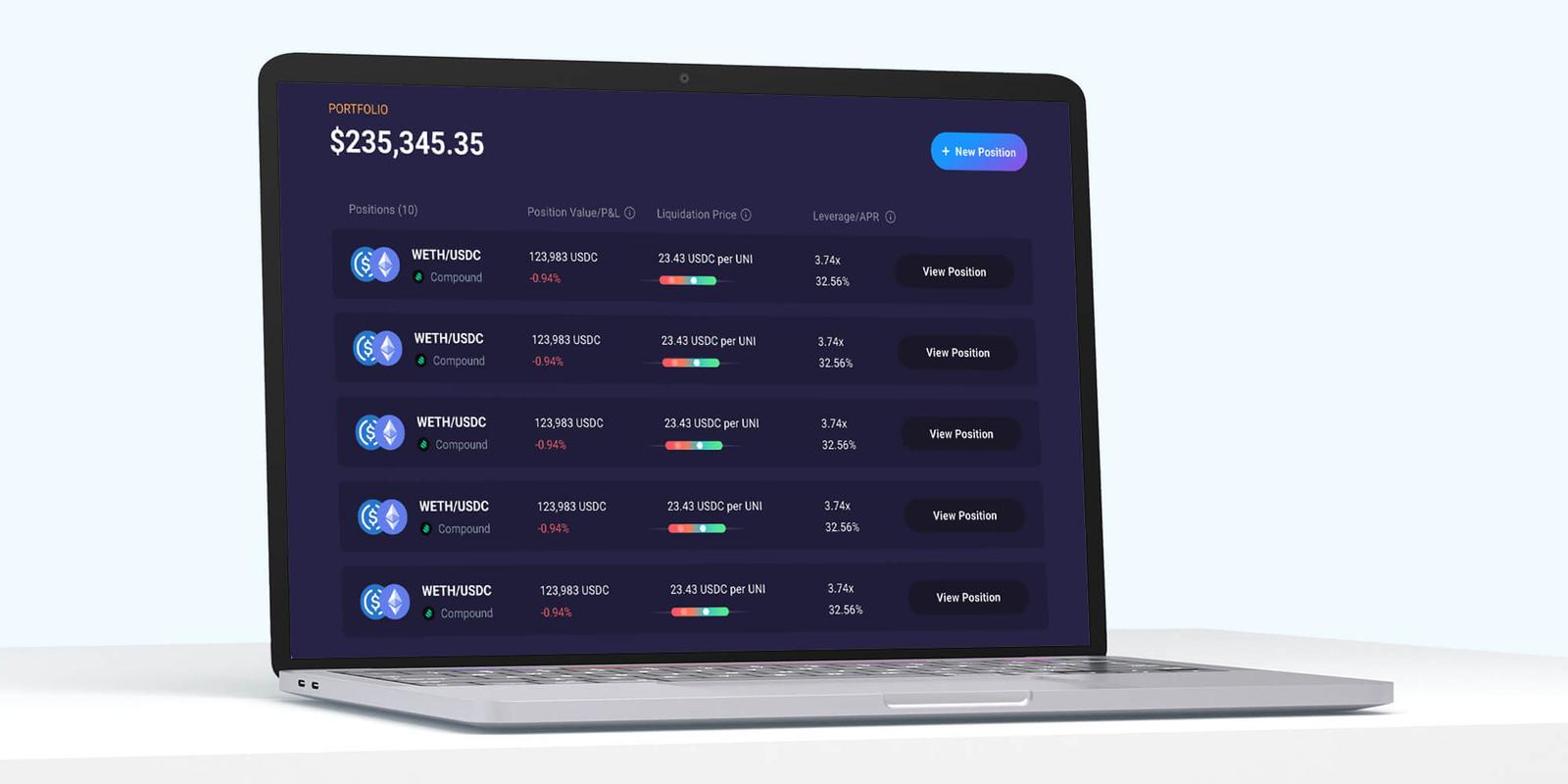 FODL portfolio page with a list of WETH/USDC positions showing value, liquidation price, leverage and View Position buttons