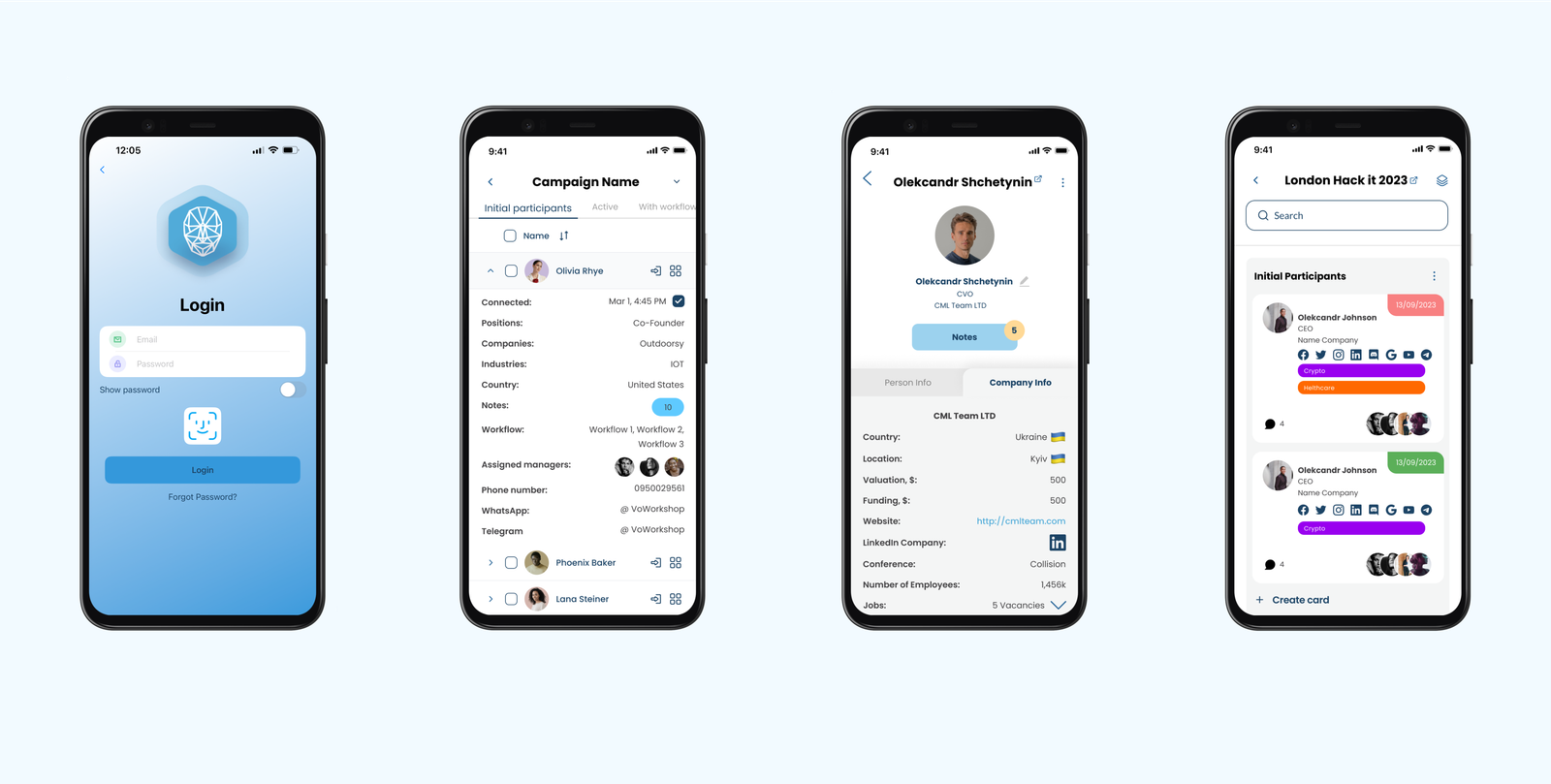 Persona mobile app on four phones: login, a campaign participant list, a contact profile and a board of cards