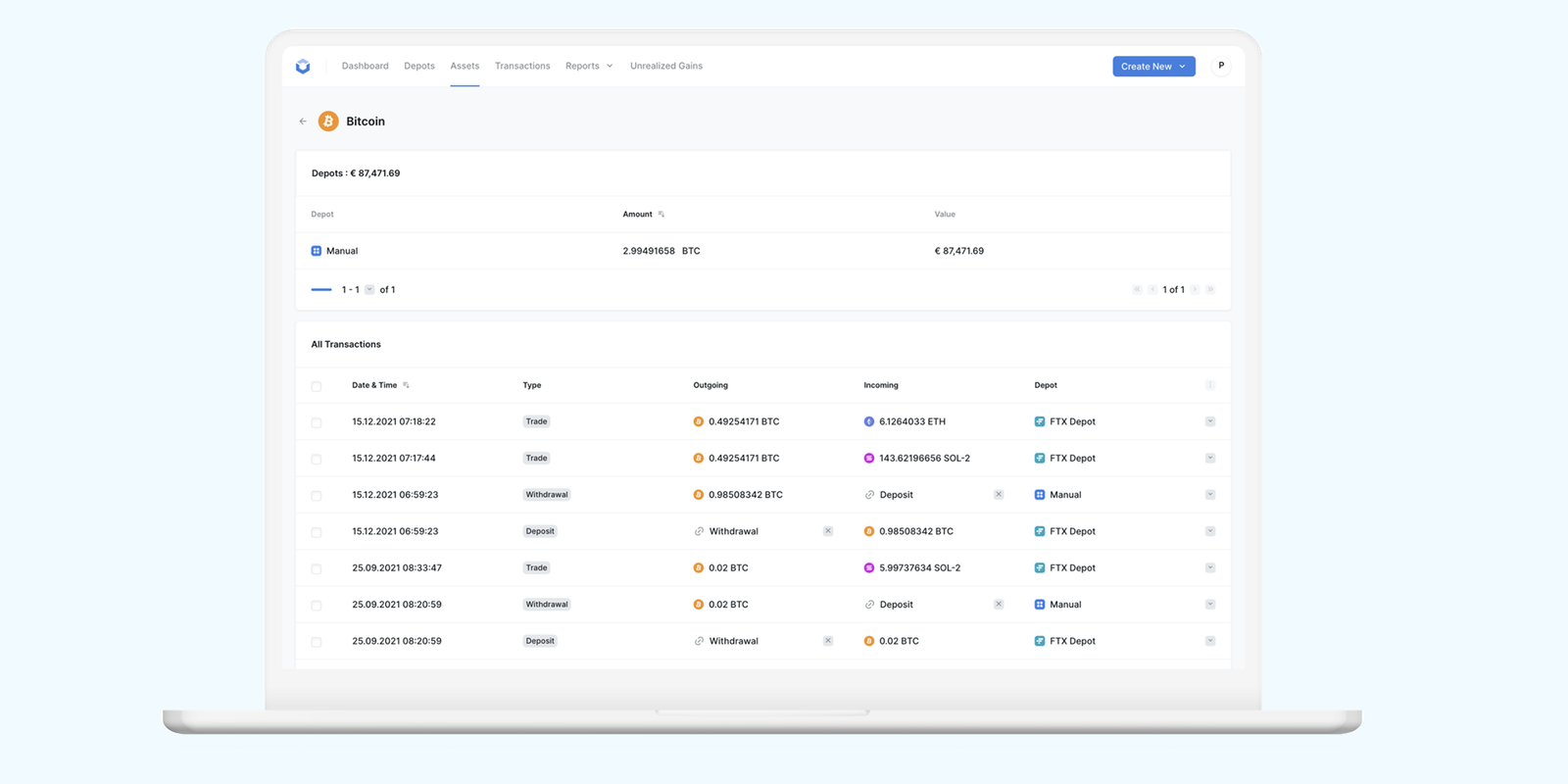 Blockpit web app page for Bitcoin with the balance per depot and a list of trades, withdrawals and deposits