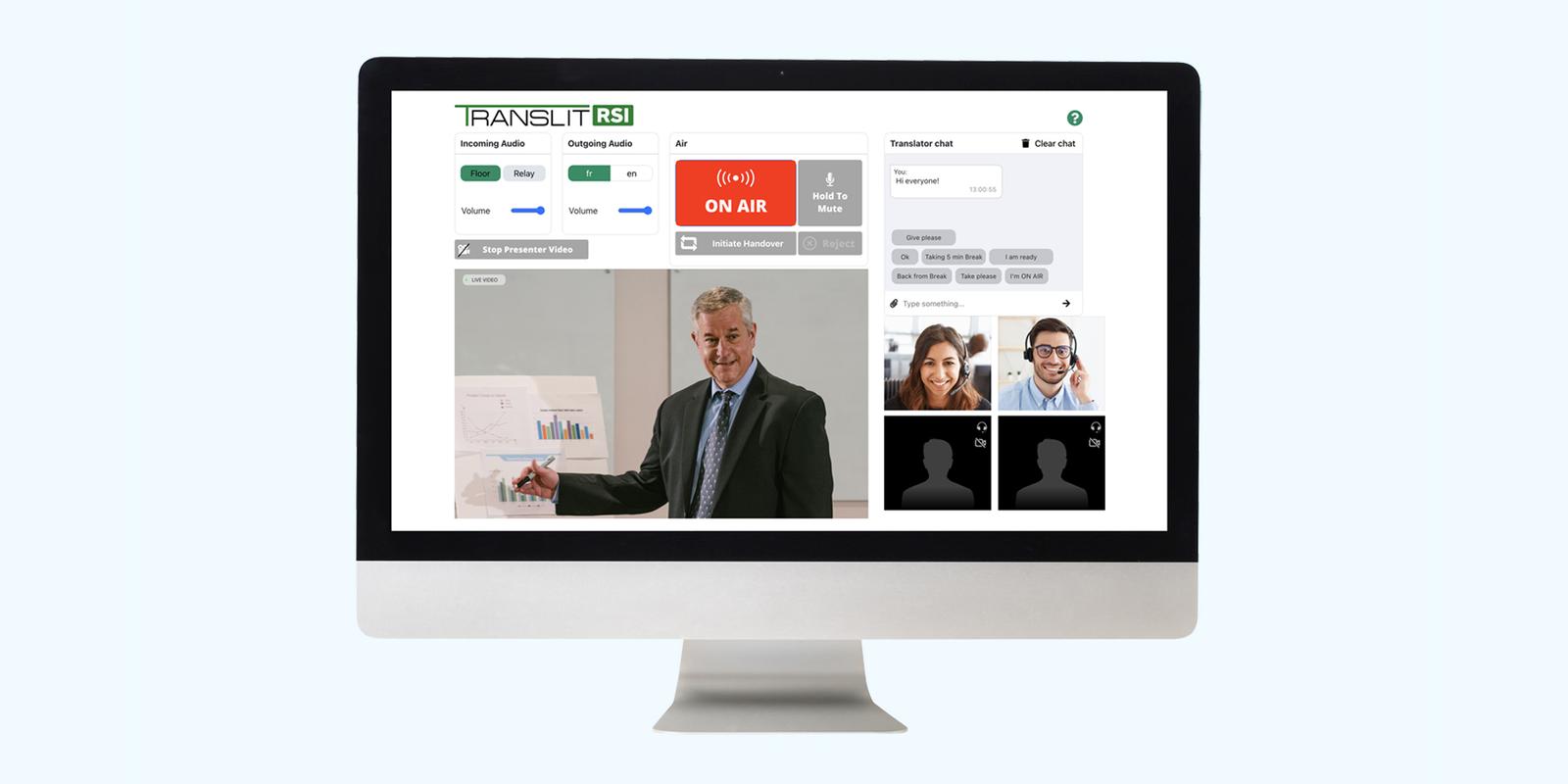 Translit remote interpreting console with an On Air button, translator chat, presenter video and participant tiles