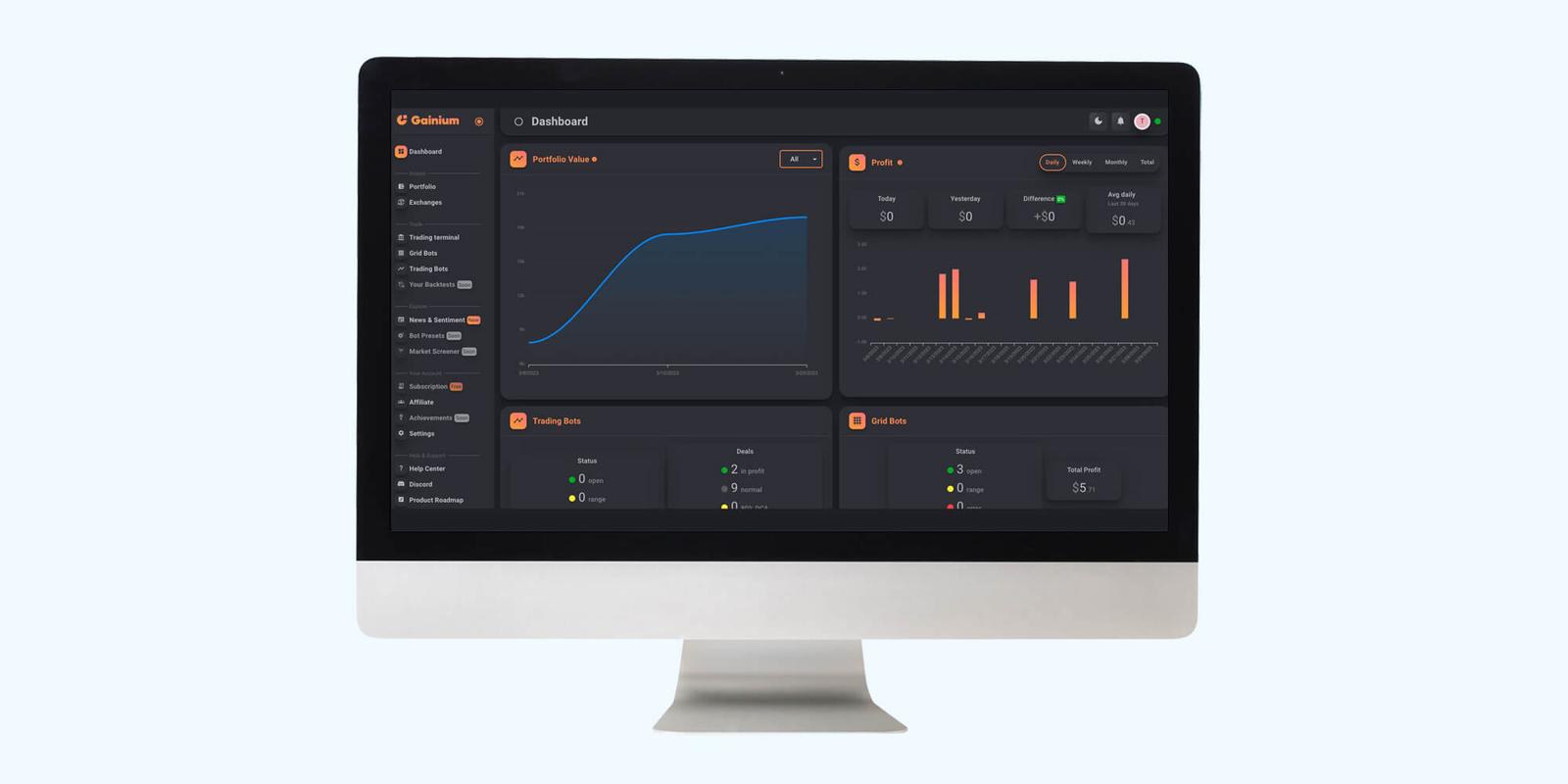 Gainium dashboard with a portfolio value chart, a profit bar chart and status panels for trading bots and grid bots